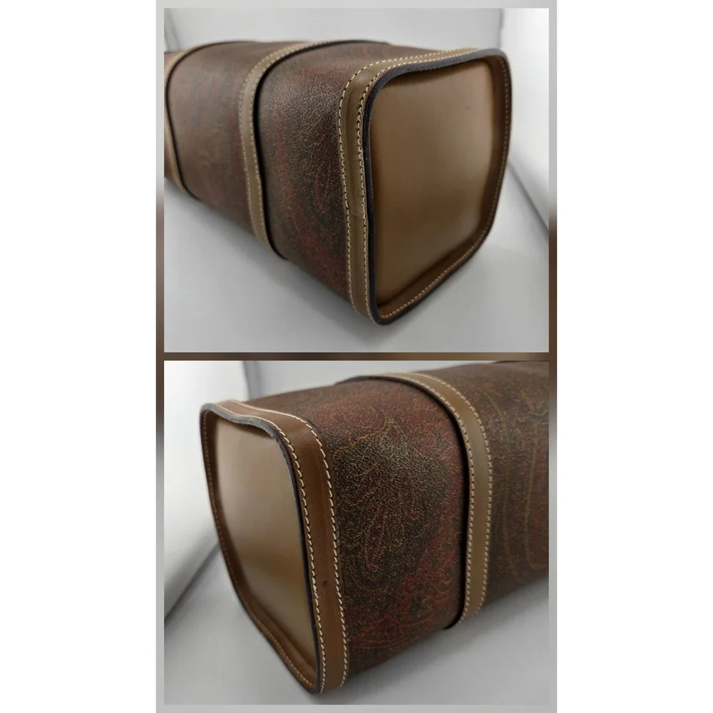 Etro Milano Paisley Print Barrel Bag Brown Leather Trim Vintage Cylinder Satchel